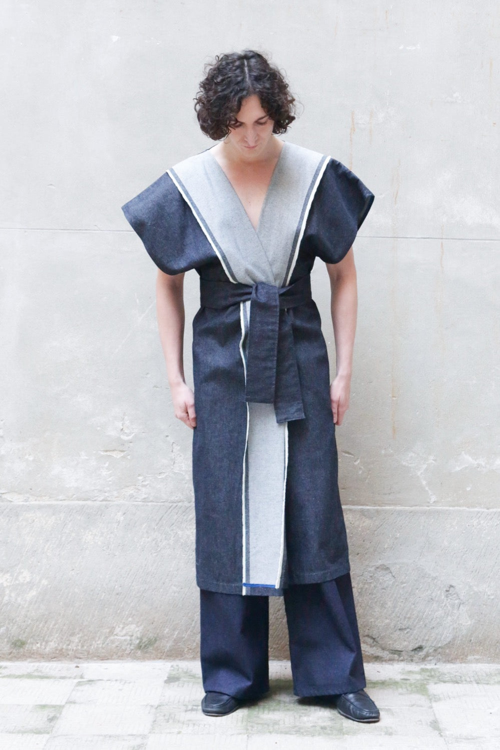 Sculptural Kimono Denim in Recycled Cotton-0