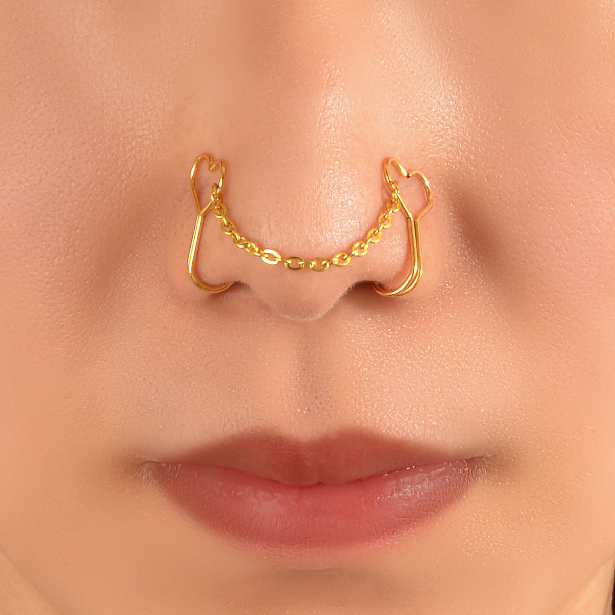 1pc Faux Lip Ear Nose Gold Silver Heart Chain Non Piercing Clip On Nose Ring-4
