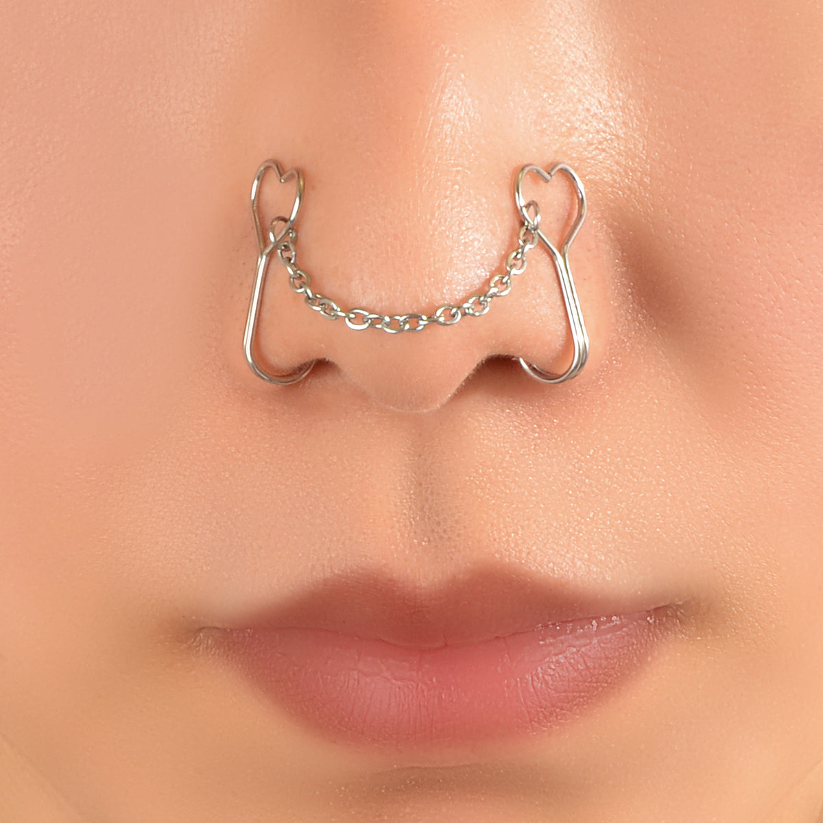 1pc Faux Lip Ear Nose Gold Silver Heart Chain Non Piercing Clip On Nose Ring-0