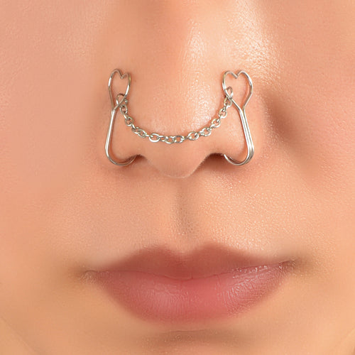 1pc Faux Lip Ear Nose Gold Silver Heart Chain Non Piercing Clip On Nose Ring-0