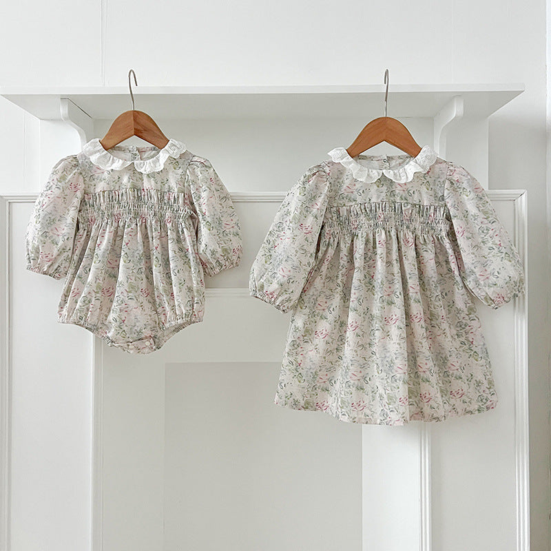 Arrival Autumn Baby Kids Girls Long Sleeves Light Green Floral French Collar Onesies and Dress – Princess Sister Matching Set-0