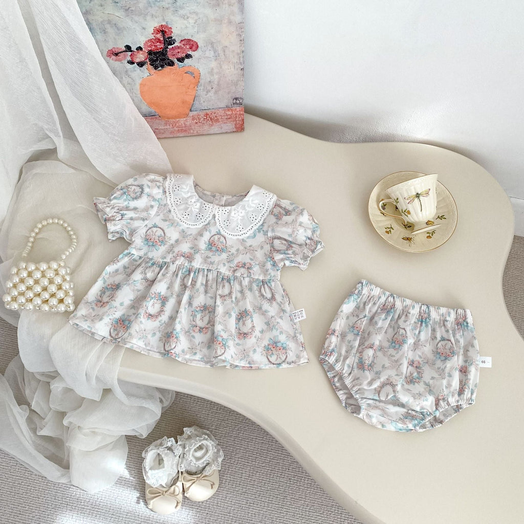 Summer Baby Kids Girls Floral Pattern Short Sleeves Dress and Bloomers Clothing Set-2