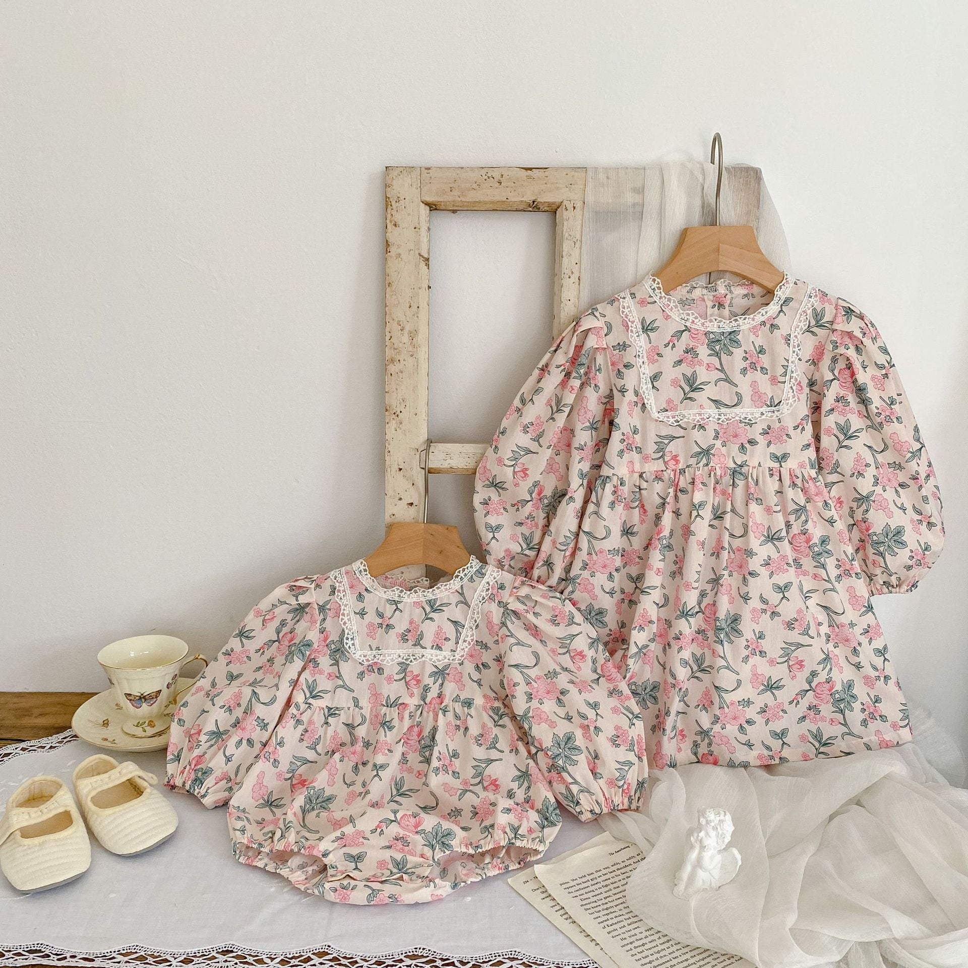 Baby Girl Flower Print Pattern Mesh Patchwork Design Onesies or Dress-2
