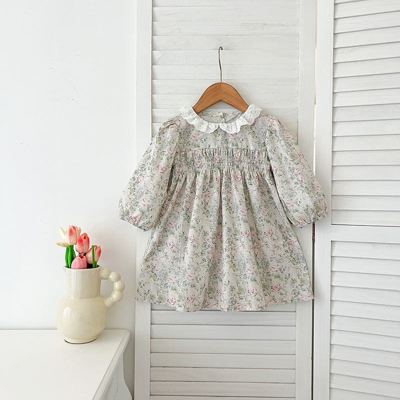 Arrival Autumn Baby Kids Girls Long Sleeves Light Green Floral French Collar Onesies and Dress – Princess Sister Matching Set-2