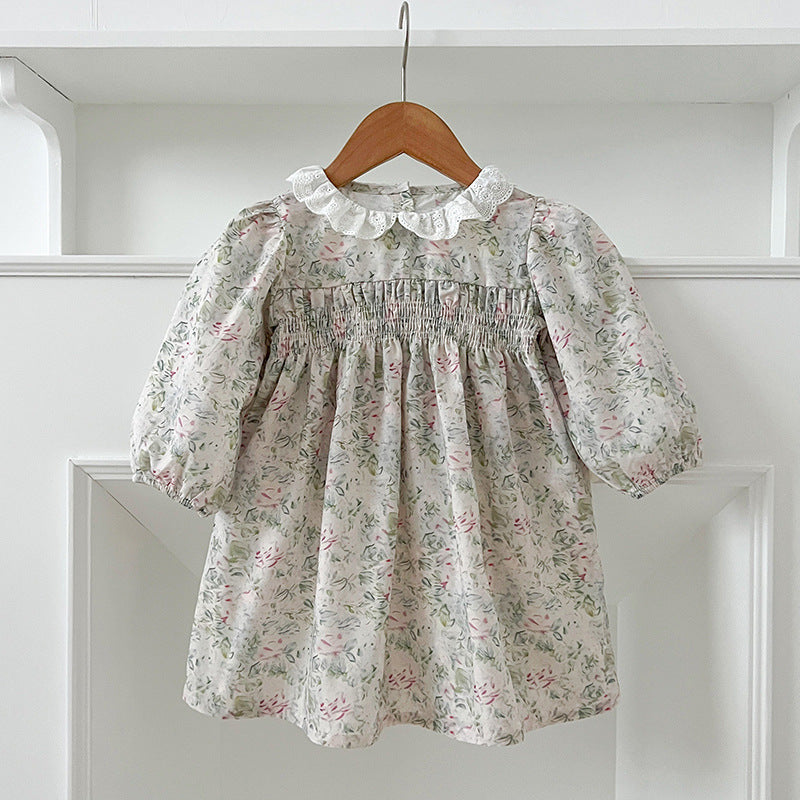Arrival Autumn Baby Kids Girls Long Sleeves Light Green Floral French Collar Onesies and Dress – Princess Sister Matching Set-4